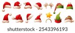 Big set of different red Christmas Santa Claus hats. Caps with white fur and pompoms, striped green and red elf hats, headband with star and deer antlers. Vector hats for winter holiday decoration.