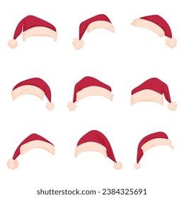 Big Set of different red New Year's hats. Cartoon style