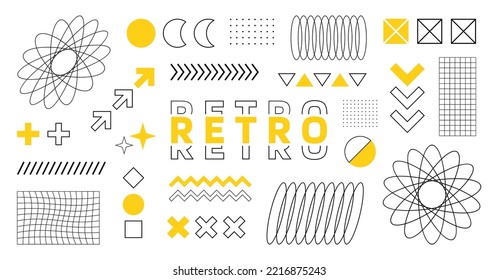 Big set different retro futuristic design elements. Geometric abstract elements. Retro 80s style design elements. Vector illustration.