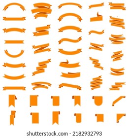Big set of different ribbons and banner elements, modern simple collection of ribbons and banners in orange color with white line around the edges.