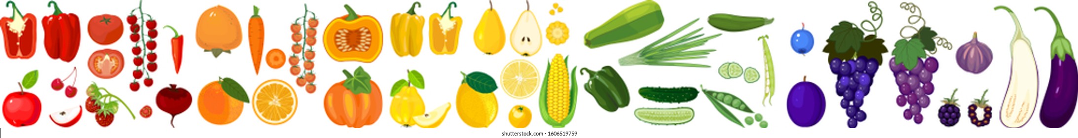 Big set of different ripe fruits and vegetables in all colors of rainbow isolated on white background