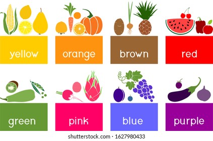Big set of different ripe fruits and vegetables in flat style isolated on white background. Vegetables and fruits grouped by color