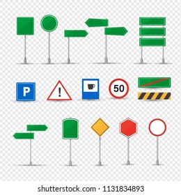 Big set different road signs. Prescriptive, prohibitory, information, priority. Road signs point in red, green, yellow figures. Traffic icon on a transparent background. Vector illustration isolated.