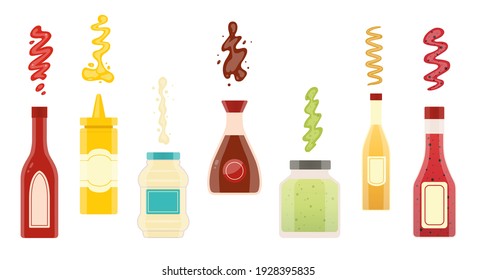 Big set of different sauces. Wasabi Soy Mustard Ketchup Chili Mayonnaise sauces collection. Sauce bottles vector design.