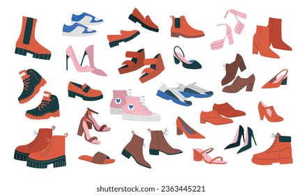 Big set with different shoes, boots and other footwear. Hand drawn isolated vector illustration in flat design