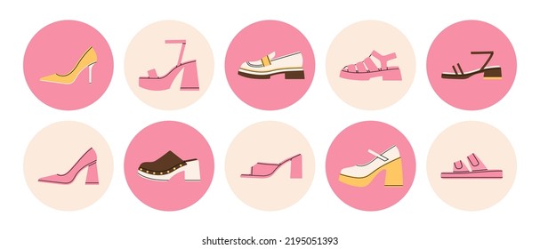 Gran juego con zapatos diferentes: sandalias, atascos, tacones altos, arcas, mulas, plataforma, etc. Aspectos destacados, paquete de iconos.
Calzado elegante. Moda y estilo de vida. Ilustración vectorial dibujada a mano. Diseño plano.