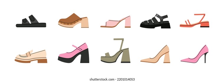 Gran juego con zapatos diferentes: sandalias, atascos, tacones altos, arcas, mulas, plataforma, etc. Conjunto de iconos. Calzado elegante. Moda y estilo de vida. Ilustración vectorial dibujada a mano. Diseño plano.