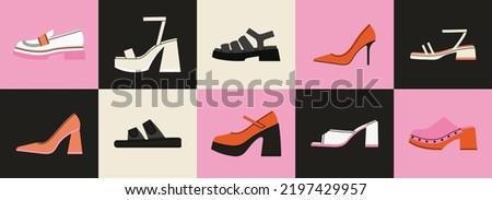 Big set with different shoes: sandals, clogs, high heels, loafers, mules, platform etc. Icon set. Stylish footwear. Fashion and lifestyle. Hand drawn vector illustration. Flat design.