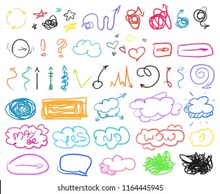 Big set of different signs. Hand drawn simple elements. Doodles for design. Line art. Infographic elements on white. Abstract circles, arrows and rectangle frames. Symbols for design and work