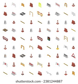 Big set of different signs road repairs, isolated on white background. Under construction design elements. Flat 3D isometric style, vector illustration.