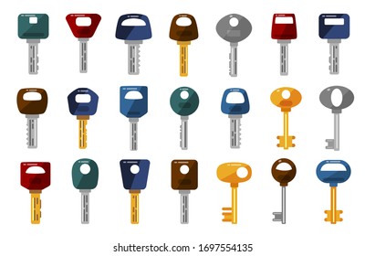 Big set of different silver and golden keys vector illustration. Collection of home security locking and unlocking doors cartoon design. Isolated on white background