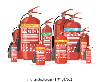 Big set of different size and type fire extinguisher with safe labels simple tips how to use icons flat vector illustration on white background