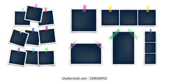 Big set of different sizes photo frames mockup glued with color tape . Realistic empty templates.  Vector