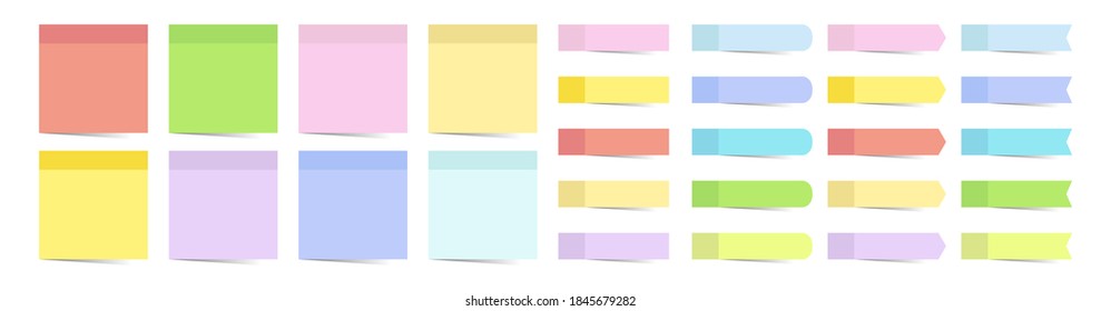 Big set of different sticky note. 3d post note paper. Stickers colored tapes with shadow template. Vector illustration.