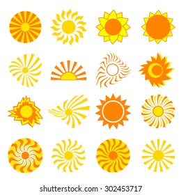 Big set of different stylized yellow, orange and red sun isolated on white background. Elements of design, objects for icons, emblems, logo. Vector illustration