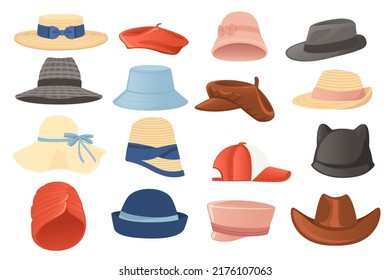 Gran conjunto de diferentes veraniegos sombreros modernos y retro ilustración vectorial de la cabeza macho y hembra aislados en fondo blanco