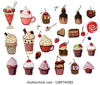 Big set different sweets and cakes.For your design, restaurant and cafe menu, decoration.