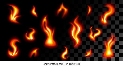Big set of different of tongues sparks of flame of red-orange colors on black transparent background. Realistic vector illustration. Candle, fireplace, fire.