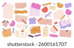 Big set of different torn paper notes, stickers, to do list, notebook, duct tapes, paper clips. Isolated flat sticky elements, planners, reminders for mood boards, scrapbooking, craft designs. Vector.