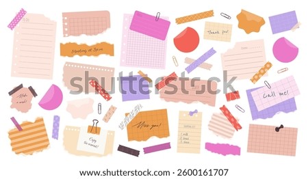 Big set of different torn paper notes, stickers, to do list, notebook, duct tapes, paper clips. Isolated flat sticky elements, planners, reminders for mood boards, scrapbooking, craft designs. Vector.