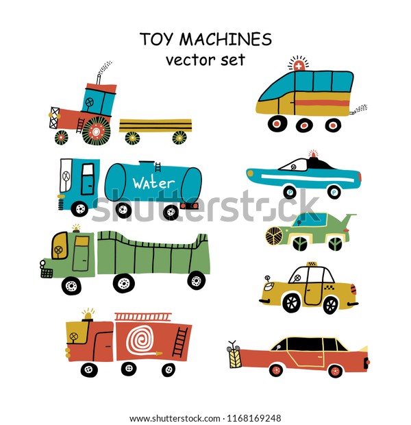 Big set of different toy\
cars - truck, police, ambulance, fire truck, sports car, taxi and\
tractor.