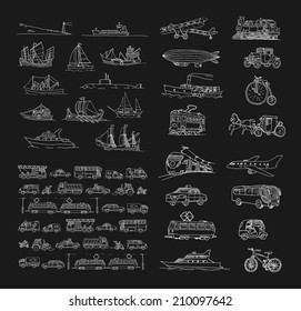 Big set with different transport. Passenger transport. Traffic. Retro transport. Set with boats.  Isolated  on a black background.