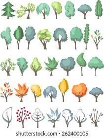 Grande conjunto com árvores diferentes isoladas no branco. 