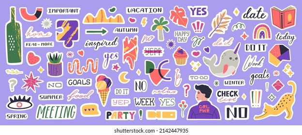 Big set of different trendy stickers planner. Colorful elements and lettering for daily planner or diaries. Cute weekly images, motivation quotes. Hand drawn vector illustration in flat cartoon style.