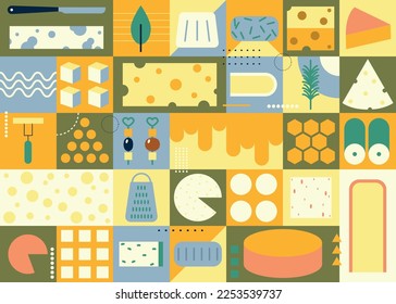 Big set with different types, assortment of cheeses hard, soft, with mold, spices, from milk of cow, sheep or goat, holed, smoked, brined, pickled. Different cheese kinds. Dairy farm cheese