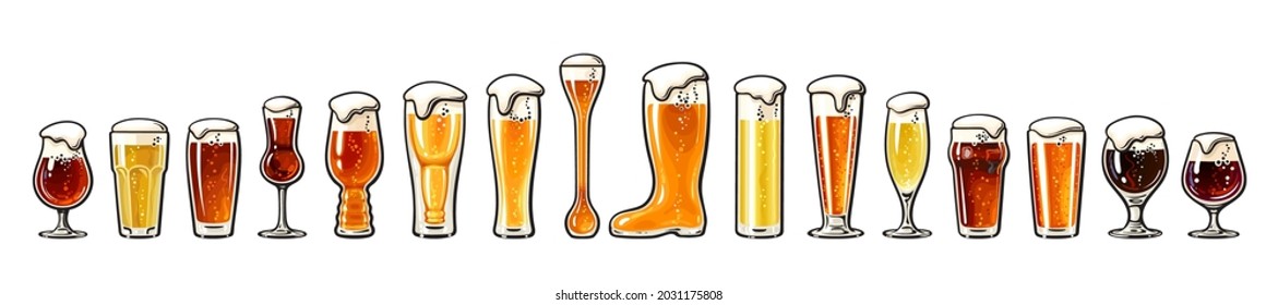 Big set of different types of beer glasses. Beer glassware guide. Hand drawn vector illustration isolated on white background.