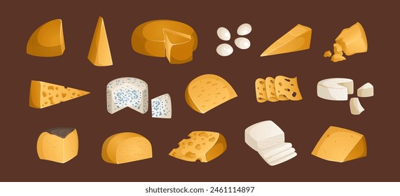 Big set of different types of cheeses on a brown background. Vector illustration. Colorful and bright set in realistic style. Gouda, parmesan, cheddar and other hard and soft cheeses. Ideal for