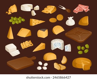 Big set of different types of cheeses and other appetizers for wine on a brown background. Grape, olives, cheese tray, hammon. Vector illustration. Colorful and bright set in realistic style. Ideal