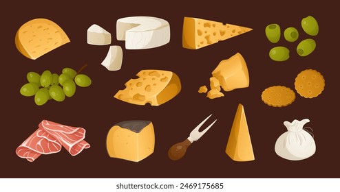 Big set of different types of cheeses and other appetizers and items for wine on a brown background. Grape, olives, fork, hammon. Vector illustration. Colorful and bright set in realistic style. Ideal