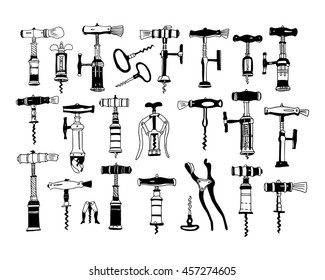 Big set of different types of corkscrews. Vector hand drawn sketch. On a white background. Collection of ancient corkscrews.