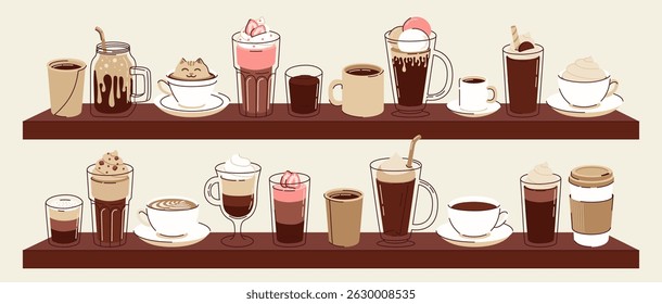 Big set of different types of hot and cold coffee beverage. Espresso, americano cup, cappuccino and latte, iced macchiato in glass. Flat vector illustrations isolated on white background