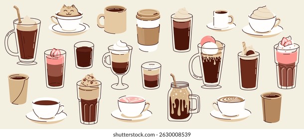 Big set of different types of hot and cold coffee beverage. Espresso, americano cup, cappuccino and latte, iced macchiato in glass. Flat vector illustrations isolated on white background