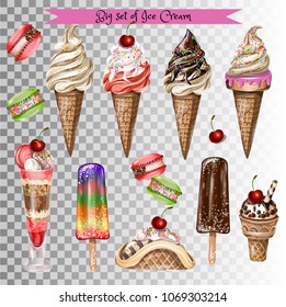 Big set of different types of ice cream isolated. Vector illustration.