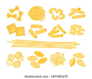 Big set with the different types of Italian pasta vector illustration isolated on white background. Spaghetti,  Farfalle, penne, rigatoni, ravioli, fusilli,conchiglie, elbows, fettucine  illustration.