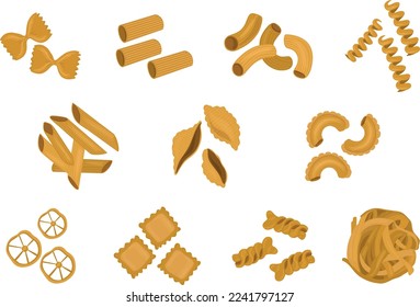 Gran conjunto con diferentes tipos de ilustraciones vectoriales de pasta italiana aisladas en fondo blanco. Spaghetti, Farfalle, penne, rigatoni, ravioli, fusilli, conchiglie, codos, ilustración fettucine.