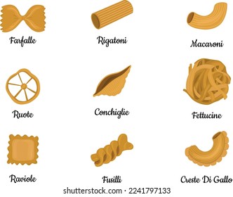 Gran conjunto con diferentes tipos de ilustraciones vectoriales de pasta italiana aisladas en fondo blanco. Spaghetti, Farfalle, penne, rigatoni, ravioli, fusilli, conchiglie, codos, ilustración fettucine.