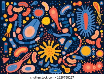 Big set with different types of microorganisms.Abstract collection of shapes microscopic viruses, bacterias, microbes, protists. Colored flat vector illustration isolated on dark background