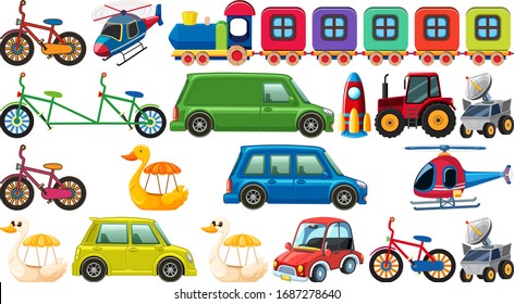 Big set of different types of transportation on white background illustration