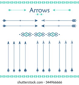 Big set of different vector arrows. Hipster arrows collection. Set of Indian style arrows. Arrow for all design. Indian elements, tribal elements, template. Traditional hunting weapon.