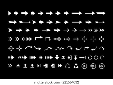 Big set of different vector  white arrows isolated on black background