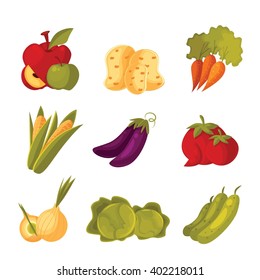 big set of different vegetables, tomato, zucchini, cabbage, corn, carrots, potatoes, vector colorful veggies isolated on white background, farm food, garden stuff in the arrangement. Vegetables icon. 