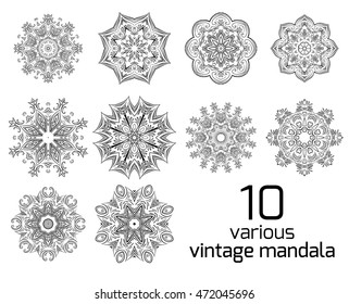Big set of different vintage round patterns. Vector elements for postcards, patterns and your design