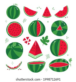 Big set of different watermelons whole, half, piece, bite piece. Flat style logo on a white background. Isolated hand drawn vector illustration