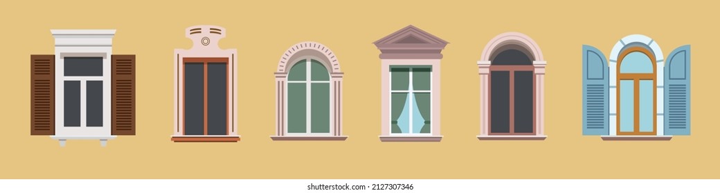 Big set of different windows. City windows in retro style. on color wall. Interior and exterior elements. Architecture design.