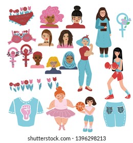 Big set of different women with different nationalities and appearance and girl power symbols for decorative aims EPS 10