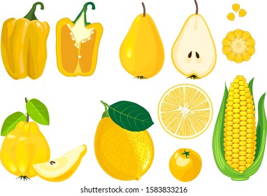 Big set of different yellow color fruits and vegetables isolated on white background